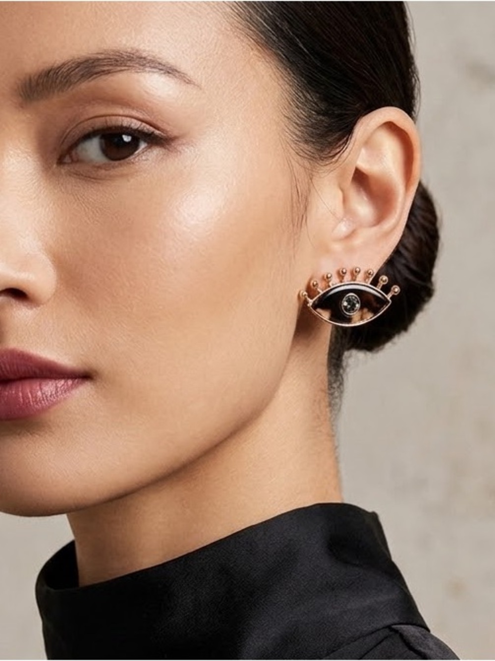 Gold-Tone Black Evil Eye Stud Earrings with Crystal Accent